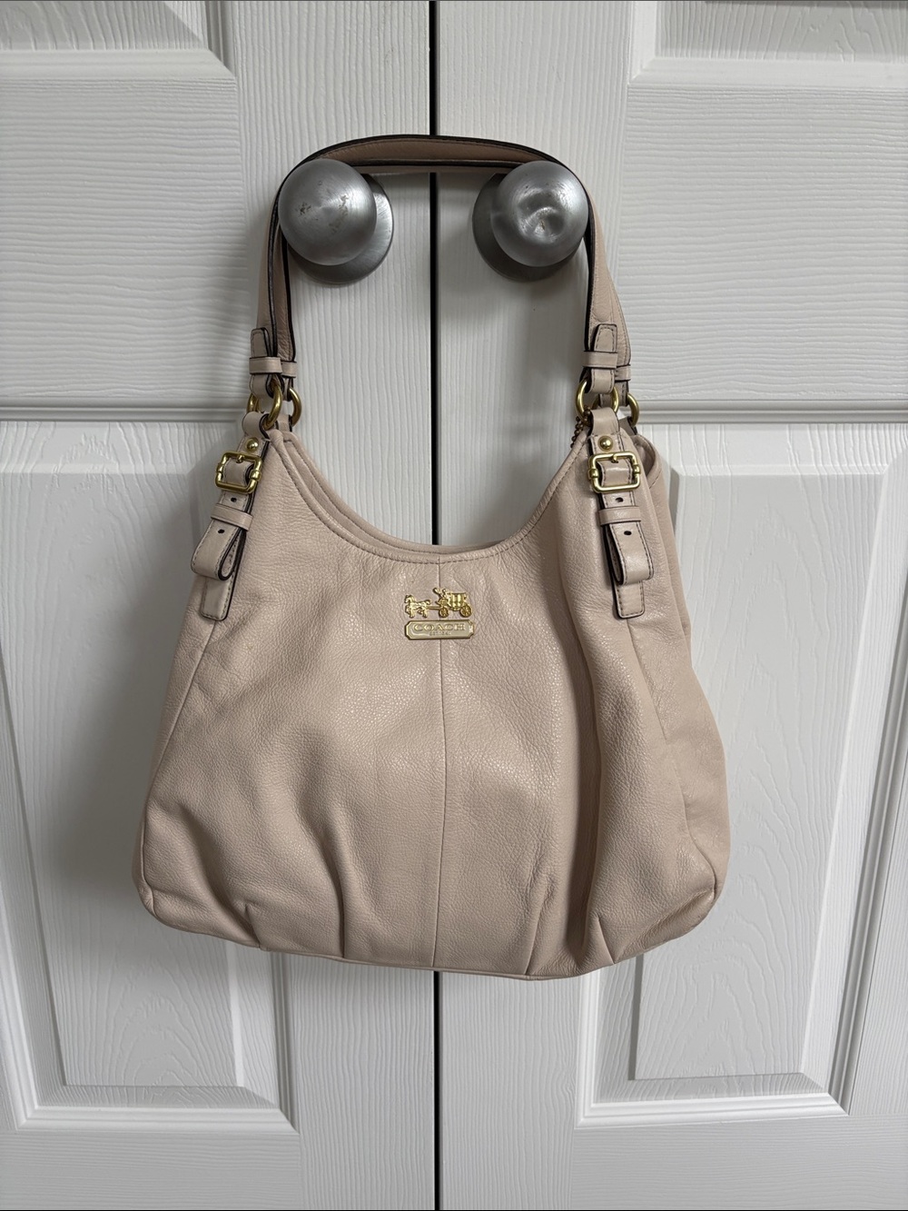 Coach Leather Shoulder Hobo Bag in Light Beige with Gold Hardware